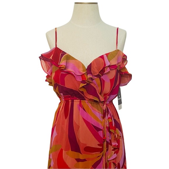 Sandra Darren Pink Orange Floral Ruffle Maxi Dress Cold Shoulder Size 6 - Picture 5 of 9